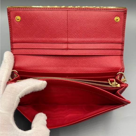 Authentic Prada Red Saffiano Leather with Gold Bar Detail Wallet - Picture 8 of 11